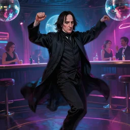 Severus Snape is dancing in a disco bar, realistic, digital painting, artstation, neon lighting, cyberpunk