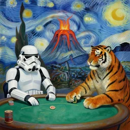 tony the tiger playing poker with an imperial stormtrooper in a volcano, painting by vincent van gogh, award winning