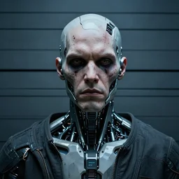 mugshot photo of an ugly criminal, cyborg, (((high tech, cyberpunk))), ((very coherent symmetrical artwork, cinematic, hyper realism, high detail, octane render, unreal engine, 8k))