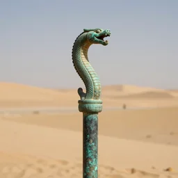 Bronze 1500BCE Canaanite serpent sculpture at the top of a tall pole. Desert background. 40mm lens, shallow depth of field, split lighting