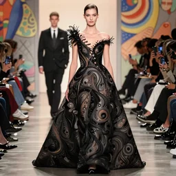a model wearing a black fractals wedding dress at the catwalk, masterpiece by anny leibovitz, david lachapelle, paolo roversi, ( ( ( mucha ) ) ) ( ( ( iris van herpen ) ) )