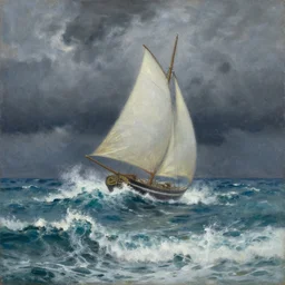 a painting depicts waves crashing against a large sailboat on rough seas below dark and stormy clouds, montague dawson