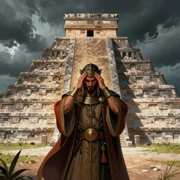 fantasy character illustration of a lavishly robed man with a headache facing us in front of the aztec temple ( chichen itza ) on a stormy day, trending on artstation, digital art ( by joseph meehan ) ( by victor adame ) ( by anna steinbauer )