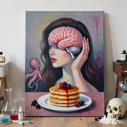 woman holding an electronic brain from inside a painting, feminine, a portrait in a female art student's apartment, pancakes, berries, octopus, surgical supplies, skull, scientific glassware, art materials, candle dripping white wax, berry juice drips, neo - expressionism, surrealism, acrylic and spray paint and oilstick on canvas
