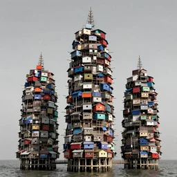 giant towers made up of colourful makeshift squatter shacks, suspended over water, mamiya, uniform plain sky, fine details, minimalist, photographed by frans lanting