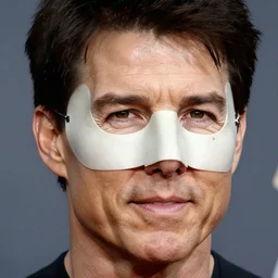 close-up photography of someone wearing Tom Cruise's face as a mask