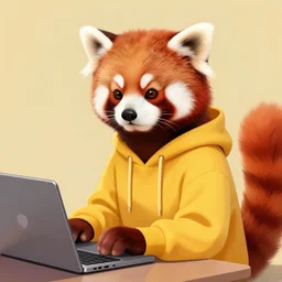 beautiful portrait commission of a female furry anthro red panda wearing a yellow hoodie while typing on a laptop, trending on artstation