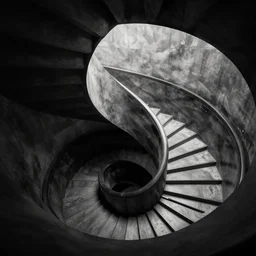 an endless spiral staircase, black and white, by Keith Harring