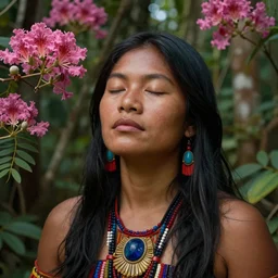 a beautiful portrait of a noble indigenous woman with eyes closed in the amazon jungle surrounded by pink calliandra angustifolia flowers, matte painting, by christophe vacher