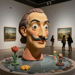 plasticine sculpture stop motion. salvador dali clay models. gallery paintings of flower. water on floor. visitors. room with a small hole in wall. john craxton. high detail. photorealistic