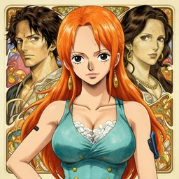 intricately detailed vfx portrait of nami from one piece by eiichiro oda, makoto shinkai, alphonse mucha, art by artgerm and greg rutkowski, best of behance, concept art, matte, sharp focus, orange hair, elegant, adolphe bouguereau, annie leibovitz, stanley kubrick, thick outlines,