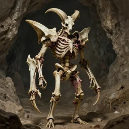 A spiked horned human skeleton with armored joints stands in a large cave. Massive bone shoulderplates. Extremely high detail, realistic, fantasy art, solo, masterpiece, bones, ripped flesh, art by Zdzisław Beksiński, Arthur Rackham, Dariusz Zawadzki