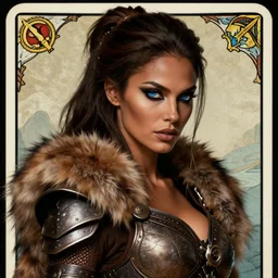 portrait of a alluring huntress in pelt armor, furaccessories, face details, brunette hair, ponytail, dark skin, blue eyes, dark fantasy, sharp focus, award - winning, masterpiece, highly detailed, intricate, by rebecca guay, rossdraws, tarot card border