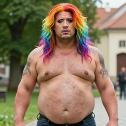 dwayne johnson as obese!!! long haired rainbow colored hair lgbt rainbow haired obese dirty trans with mascara, looking at the camera, medium shot, fat belly, trip to legnica, very realistic film still, natural