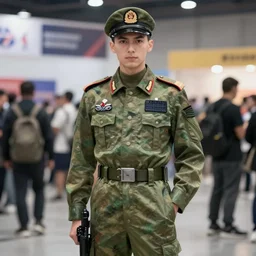 hot topic anime convention, military fashion cosplay, digital art, realistic 8 mm