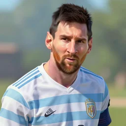 An epic fantasy comic book style portrait painting of Messi, very expressive, really short dark gray hairs,  round face, wearing a shirt with horizontal stripes, awesome pose, character design by Mark Ryden and Pixar and Hayao Miyazaki, unreal 5, DAZ, hyperrealistic, octane render, cosplay, RPG portrait, dynamic lighting, intricate detail, summer vibrancy, cinematic