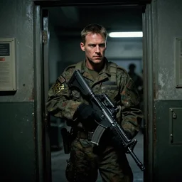michael biehn sneaking in a military base, metal gear 2, 1 9 9 0, dark, moody, movie still