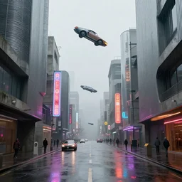 photorealistic streetscape, simple brutalist architecture, metal, concrete, rain, wet streets, white neon lights, colorful neon signs, cars flying in the sky, retro - futuristic vehicles, pedestrians, syd mead, ralph mcquarrie, doug chiang, concept art, matte painting, finely detailed, minimal artifacts, rule of thirds, dynamic lighting, cinematic, denoised, centered, artstation