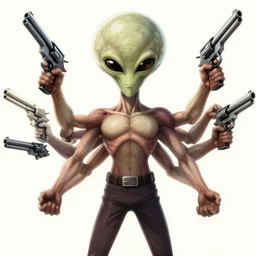 a big headed alien with five arms holding revolvers, by takehiko inoue and kim jung gi and hiroya oku, masterpiece ink illustration