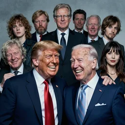potrait of cross between donald trump and joe biden laughing, menacing teeth, zdzislaw beksinski, lewis jones, dariusz zawadzki, wayne barlow, mark arian, ilya kuvshinov, lois van baarle and makoto shinkai, 4 k, ultra - high - definition, cold hue palette