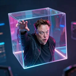 elon trapped inside a floating cube, cinematic, neon colors