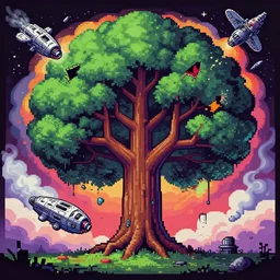 a beautiful 8 bit painting of a tree of life, the destroyed wreckage of a crashed spaceship, steam, thick colorful smoke, ross tran, ron walotsky, greg rutkowski, trending on artstation