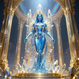giant blue dmt entity goddess, golden hyperspace crystal palace, iridescent chrome rainbows,  Wadim Kashin, artgerm,  XF IQ4, f/1.4, ISO 200, 1/160s, 8K, RAW, featured in artstation, octane render, cinematic, elegant, intricate, 8k