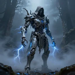 character design, biomechanical druid, tattered hood, blue lightning, blue mist, fog, scary, photorealistic, cinematic, hyper realistic, octane render, 8 k, wide angle