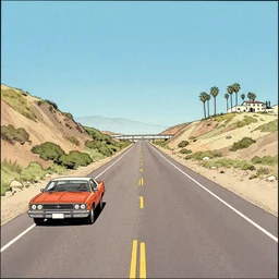 california highway, circa 1970, drawn by Adrian Tomine