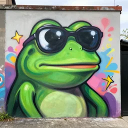 pepe the frog with sunglasses as graffiti mural by lee, masterpiece, trending on artstation