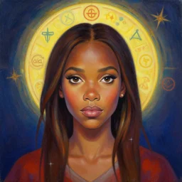 portrait of hale berry by mandy jurgens, cartoon, oil painting, visionary art, symmetric, magic symbols, holy halo, dramatic ambient lighting, high detail, vibrant colors,