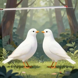 two white birds standing in the middle of a forest, an album cover by john covert, featured on pixiv, generative art, official art, artwork, chillwave