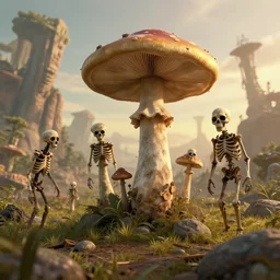 hyper realistic highly detailed nature photography of mushroom skeleton zombies, prehistoric planet, volumetric lighting, octane render, 4 k resolution, golden hour