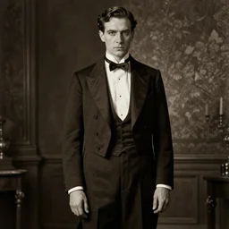 ultra realistic sepia portrait of a 1 9 2 0 s era male magician, tall, thin, well dressed, slicked - back hair, long - tailed tuxedo coat, black bow tie, atmospheric lighting, dark, atmospheric, brooding, painted, intricate, ultra detailed by leesha hannigan, thierry doizon, kai carpenter, well composed, best on artstation, cgsociety, epic, stunning, gorgeous, intricate detail, wow, masterpiece