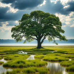 the solitary great tree in the flood plains. sunshine after the rain. grass islands up close to the camera. max rive, 4 k, instagram, landscape, hdr