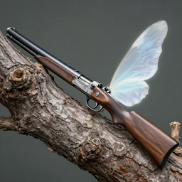 an elegant fae musket, weapon, firearm, displayed elegantly, wide angle, natural, bark, butterfly wings, ethereal, zoomed out