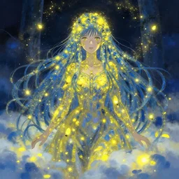 maximalist old ukrainian woman!!!! fully covered in yellow and blue glimmering fireflies!!!, disarming, enchanting, fragile, hopeful, cloudcore, portrait, gapmoe yandere grimdark, trending on pixiv fanbox, by kim keever, painted by makoto shinkai takashi takeuchi studio ghibli, akihiko yoshida