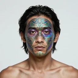 a medicine man with a face made of ornate sacred geometry, psychedelic, iridescent