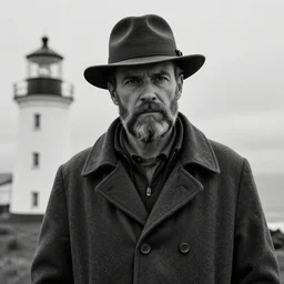 Live Action Still of Jerma985 in a film as a Lighthouse Keeper with an overcoat, hat, and beard, black and white, hyperrealistic, ultra realistic, realistic, highly detailed, epic, HD quality, 8k resolution, body and headshot, film still