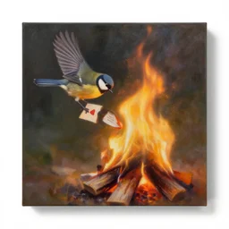 a small bird burning love letters on a fire, painting