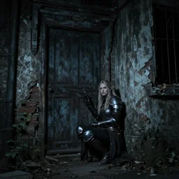 photo of an alley of an abandoned city at night with a lone elven woman warrior sitting in the corner leaning on a closed door. Fantasy magic horror style. Highly detailed 8k. Intricate. Nikon d850 55mm. Award winning photography.