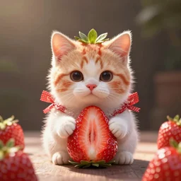 surreal, strawberry shaped as a kitten, kitten strawberry, half strawberry half kitten, cute, kitten face, hd photography, coherent, render, blender, radiant light
