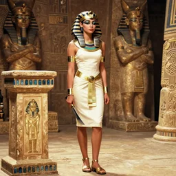 cara delevingne with short egyptian hair care and egyptian eye makeup, as anck su namun from movie mummy 1999, standing near altar, holding knife, full body, egyptian pyramid interior, rembrandt oil painting