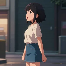 a very beautiful anime girl, mouth open, side profile view, tears streaming down eyes, full round face, short smile, mini jeans skirt, cute top, urban setting, cinematic lighting, medium shot, mid-shot, highly detailed, trending on Artstation, Unreal Engine 4k, cinematic wallpaper by Stanley Artgerm Lau, WLOP, Rossdraws, James Jean, Andrei Riabovitchev, Marc Simonetti, and Sakimichan