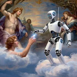 modern mechanical robot on the clouds is touching a human with lightning fingers, classical religious painting, michelangelo, disney concept art