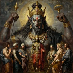 a beautiful cinematic masterpiece gothic headshot portrait of majestic colossal hindu tribal asura king demon god ravan from ramayan, by tim hildebrandt, by sandro botticelli, by caravaggio, by wayne barlowe, by bruce pennington, by greg rutkowski, oil on canvas, trending on artstation and pixiv, brilliant diffused studio lighting, sharp, hyper - detailed, cinematic composition, no frames, hd, 8 k