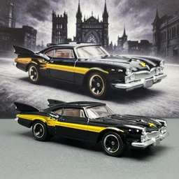 3 5 mm photo of 1 9 8 9 batmobile like hot wheels model with gotham as background