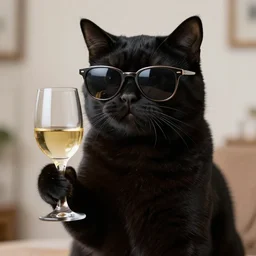 black cat wearing sunglasses and holding a class of wine, hyperdetailed, high resolution