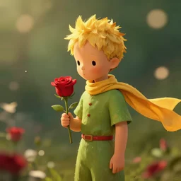 cinematic scene of the little prince holding a red rose illustration, bokeh, octane render, award winning, trending on art station