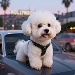 a photorealistic image of bichon frise riding in the back on an uber through Hollywood at dusk. This 4K HD image is Trending on Artstation, featured on Behance, well-rendered, extra crisp, features intricate detail and the style of Unreal Engine.
